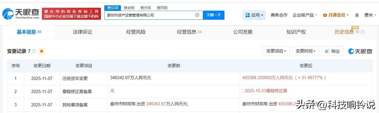 【廊坊市资产运营管理公司增资至约45.5亿 增幅约31%】
天眼查工商信息显示，