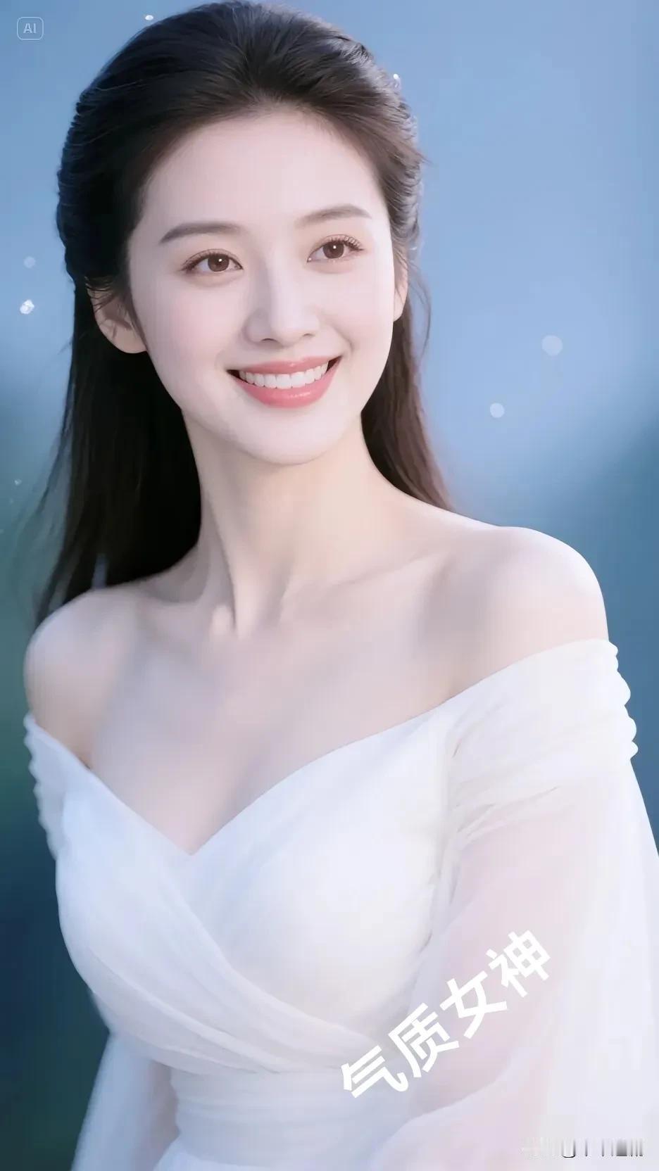 温柔可爱的女生你喜欢吗?
她一袭白纱露肩裙，长发温婉束起，在清透光影里，似月下的