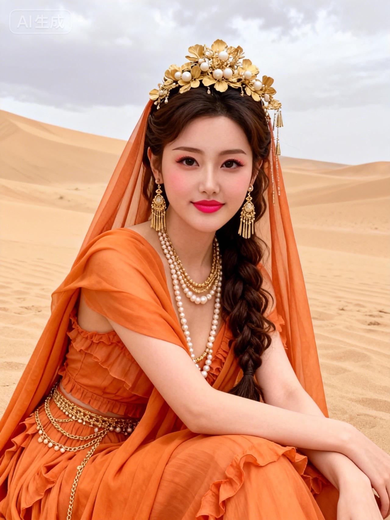 沙漠中的东方美人，惊艳的橙装与金色配饰相得益彰，宛如画中仙子。