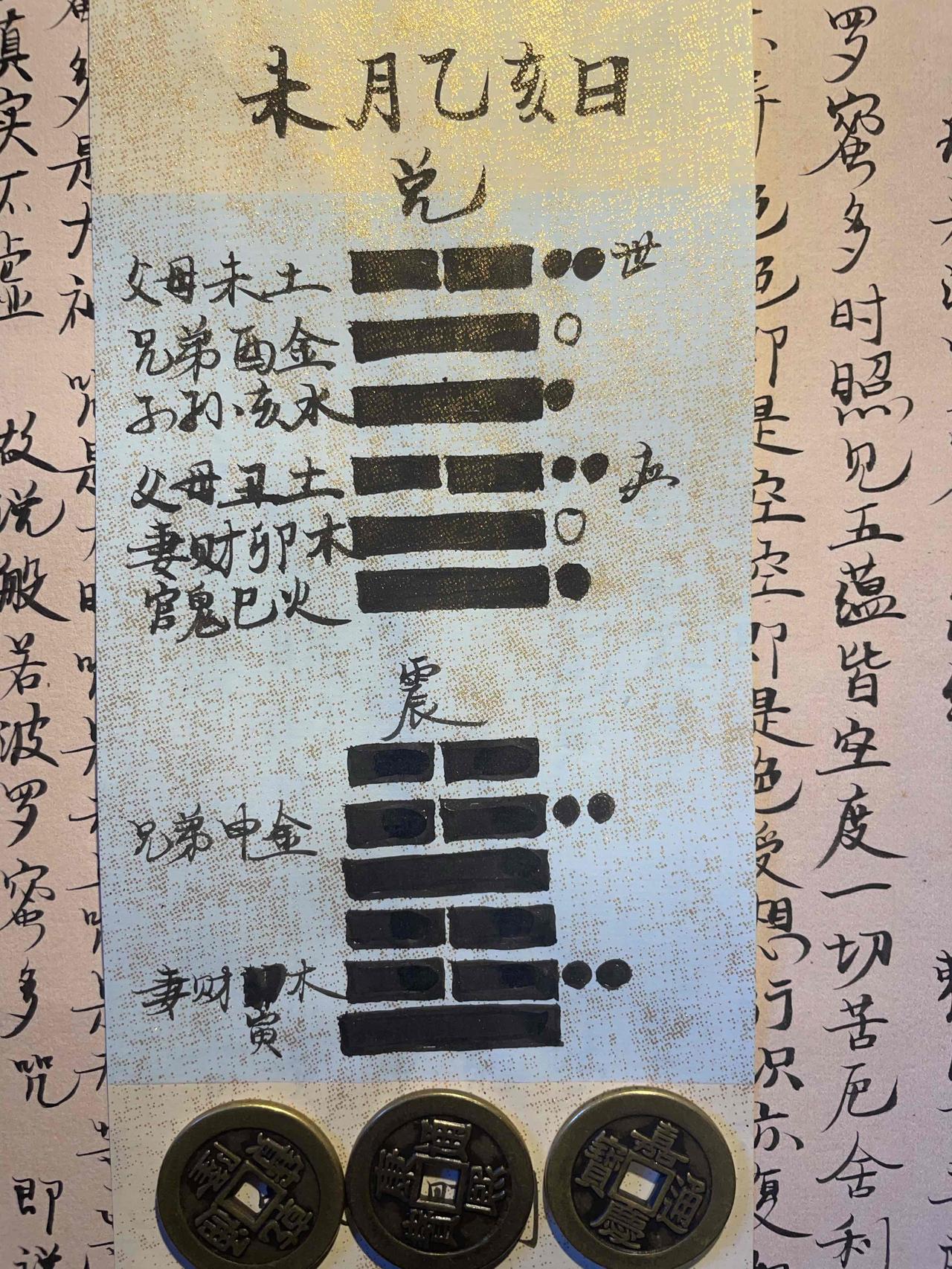未月乙亥日，
得到兑卦，变为震卦。

此人做买卖问财利。
断卦说，未土父母爻持世