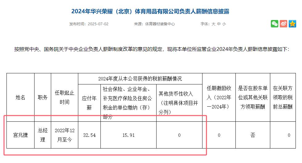 华兴荣耀（北京）体育用品有限公司的总经理宫兆捷先生2024年度税前薪酬为48.4