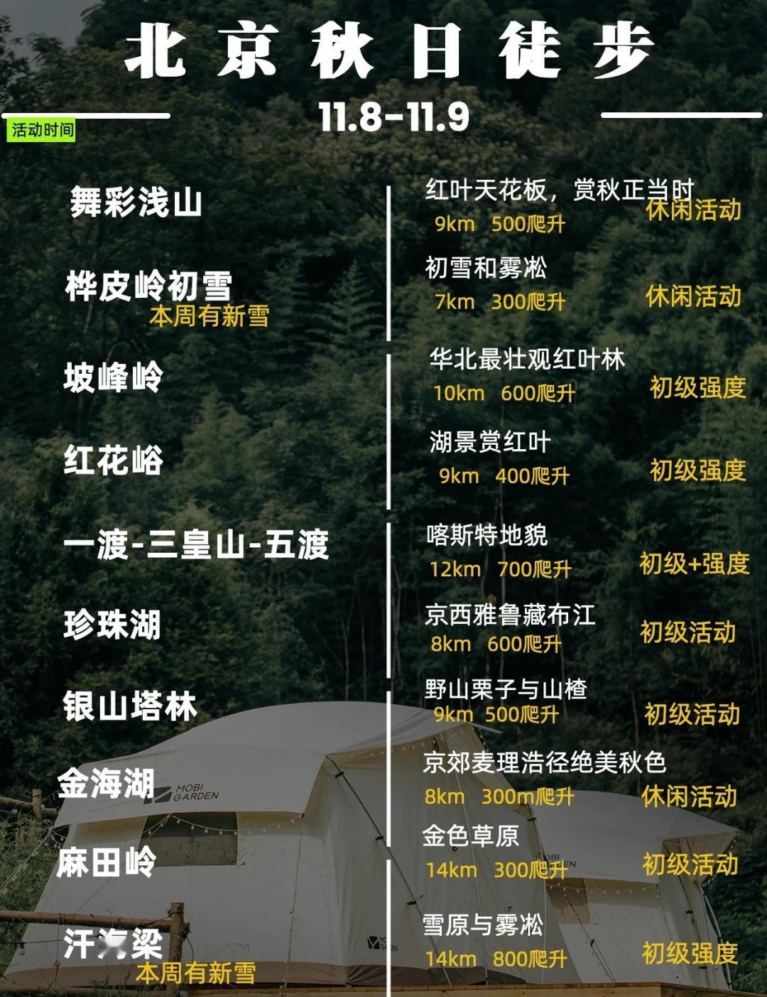 北京徒步｜桦皮岭新雪｜舞彩浅山红叶，冲！
👉11.5周三 舞彩浅山
👉11.