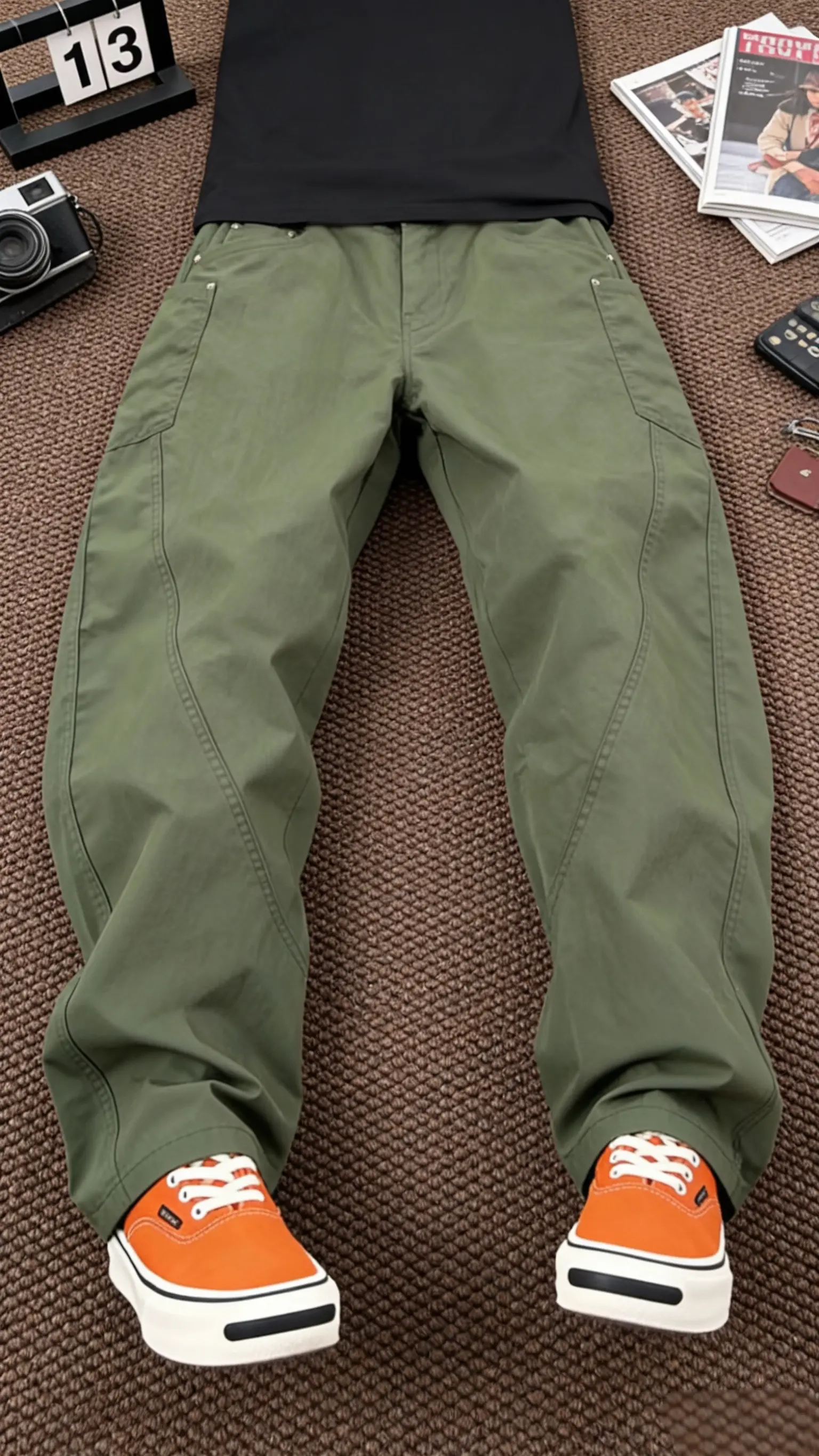 春季新款卡其色宽松直筒休闲裤男潮流美式户外速干弯刀裤