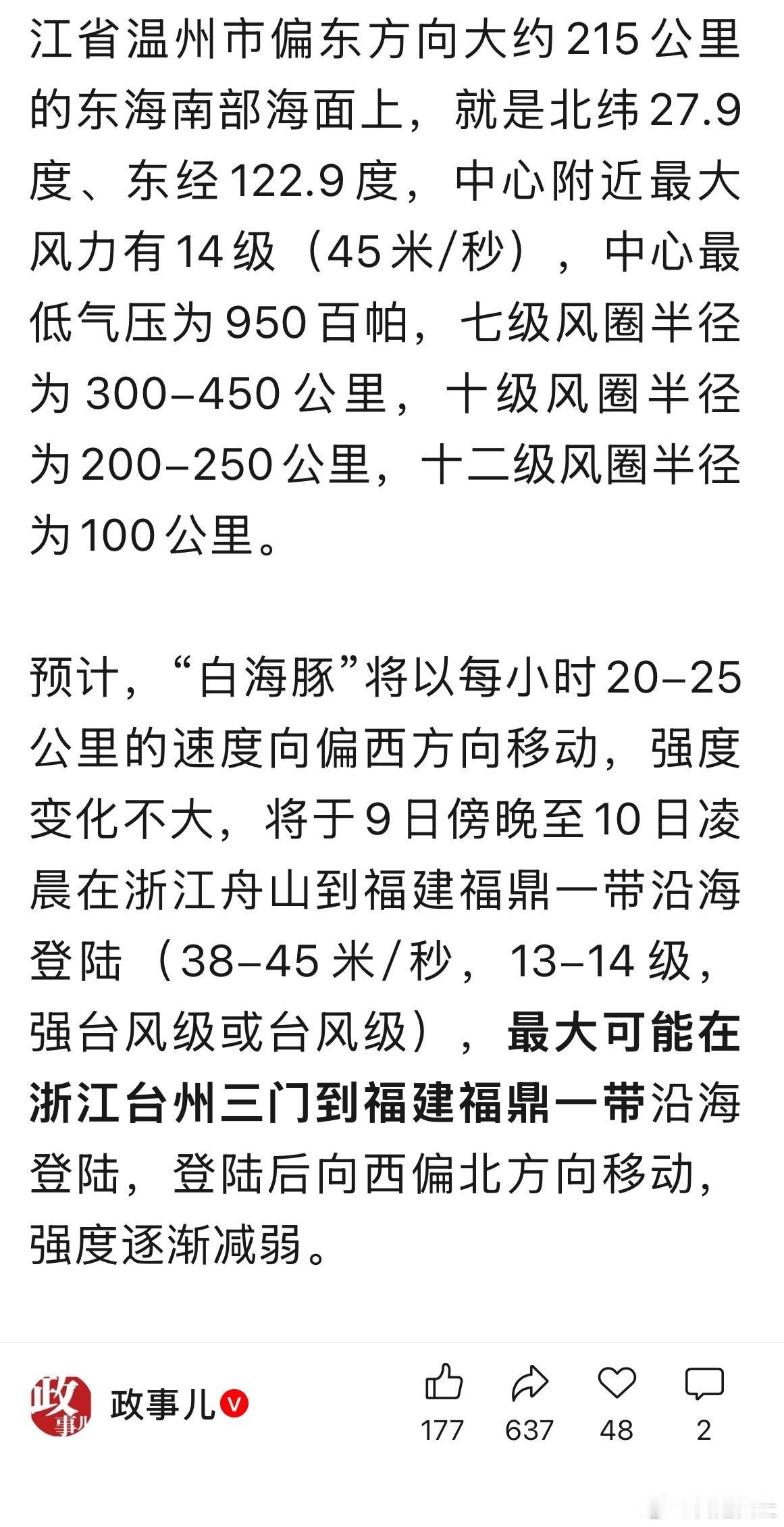 白海豚最大可能登陆地点目前最新消息是台州三门到福建福鼎一带 
