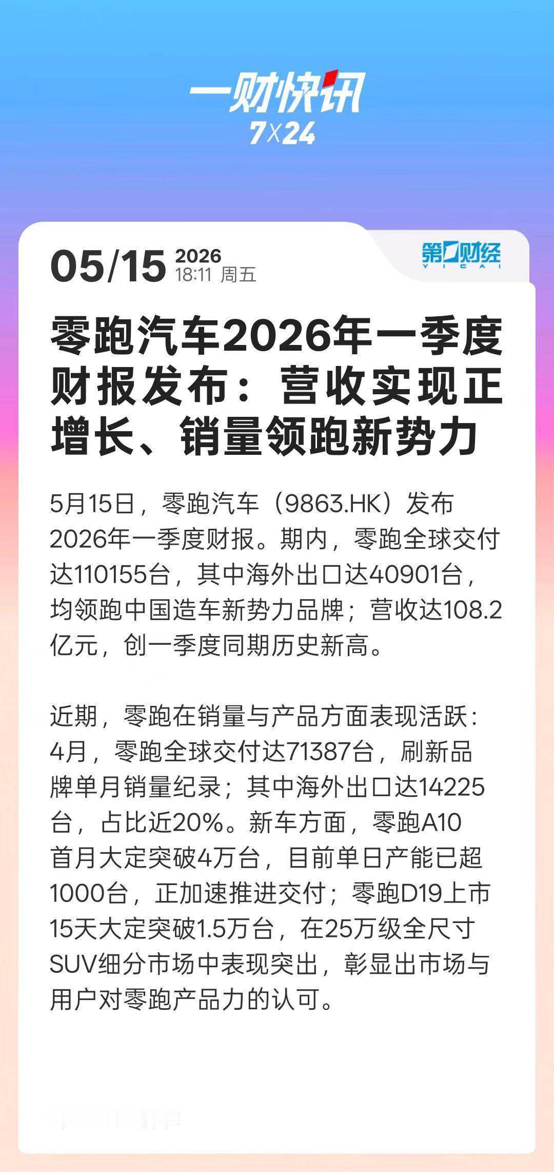 一季度财报公布，从“销量领先”到“出海领先”，零跑的增长飞轮如何炼成？
 
零跑