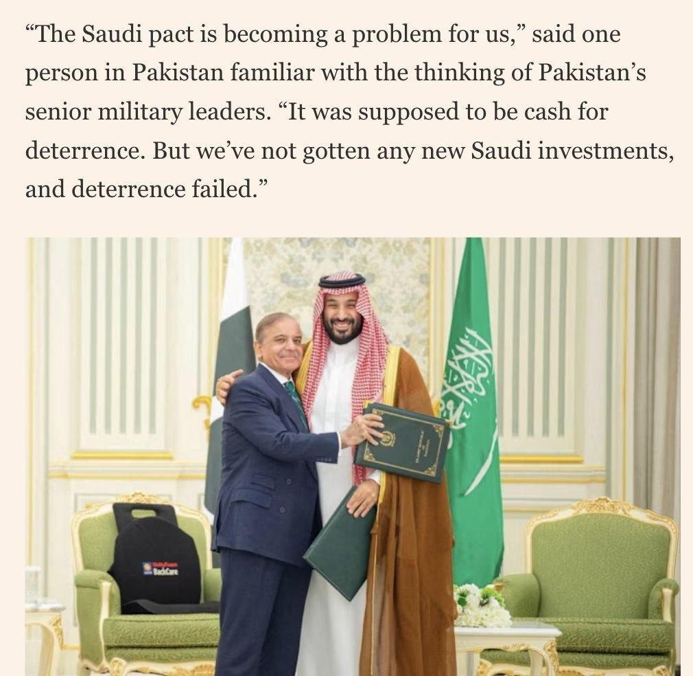 一位来自巴基斯坦的消息人士向《金融时报》发言：
沙特协议正成为我们的问题。
本来