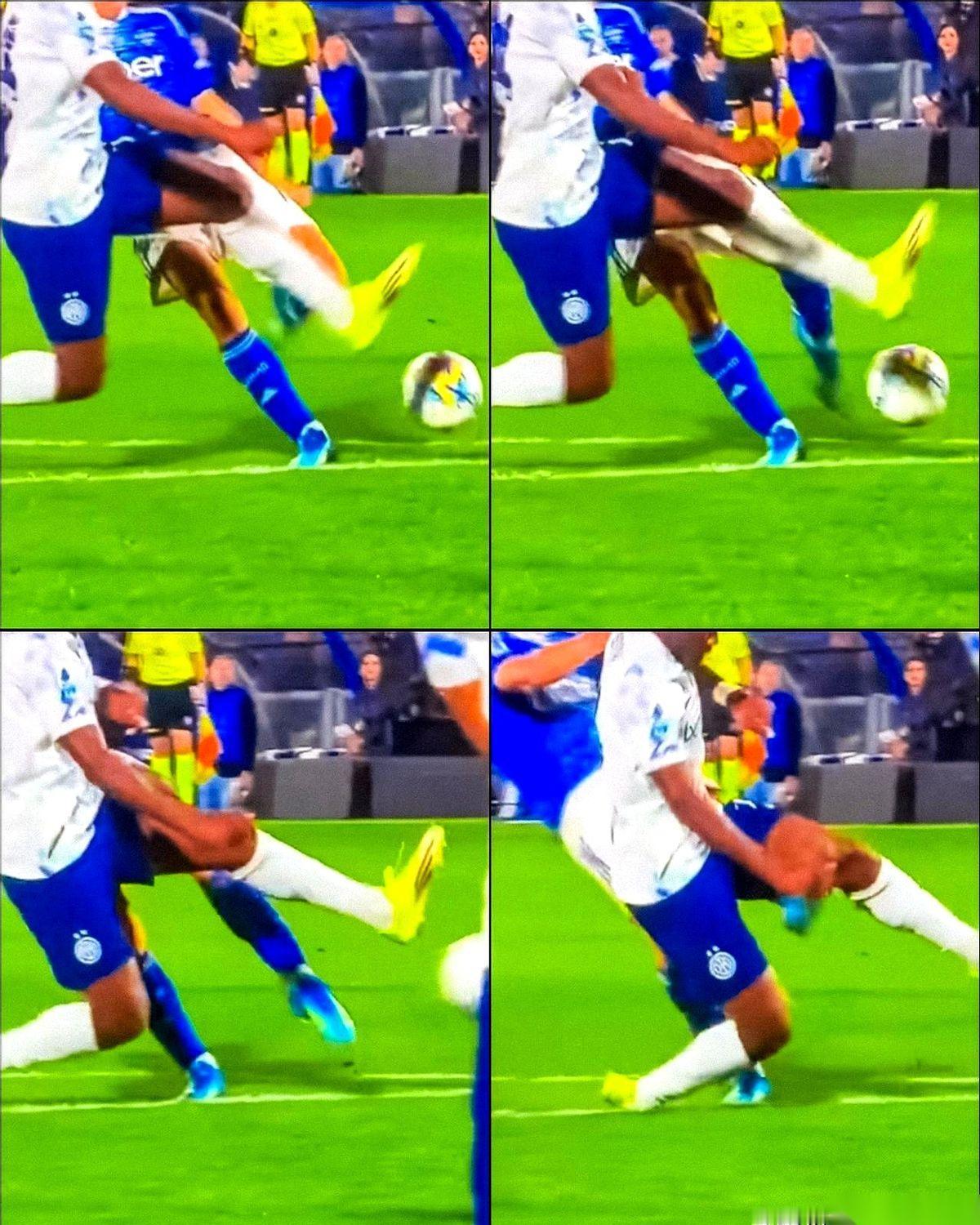 意甲一场比赛，国际米兰对阵科莫。
科莫的前锋一脚射门，球出去了，可他的脚没收住，