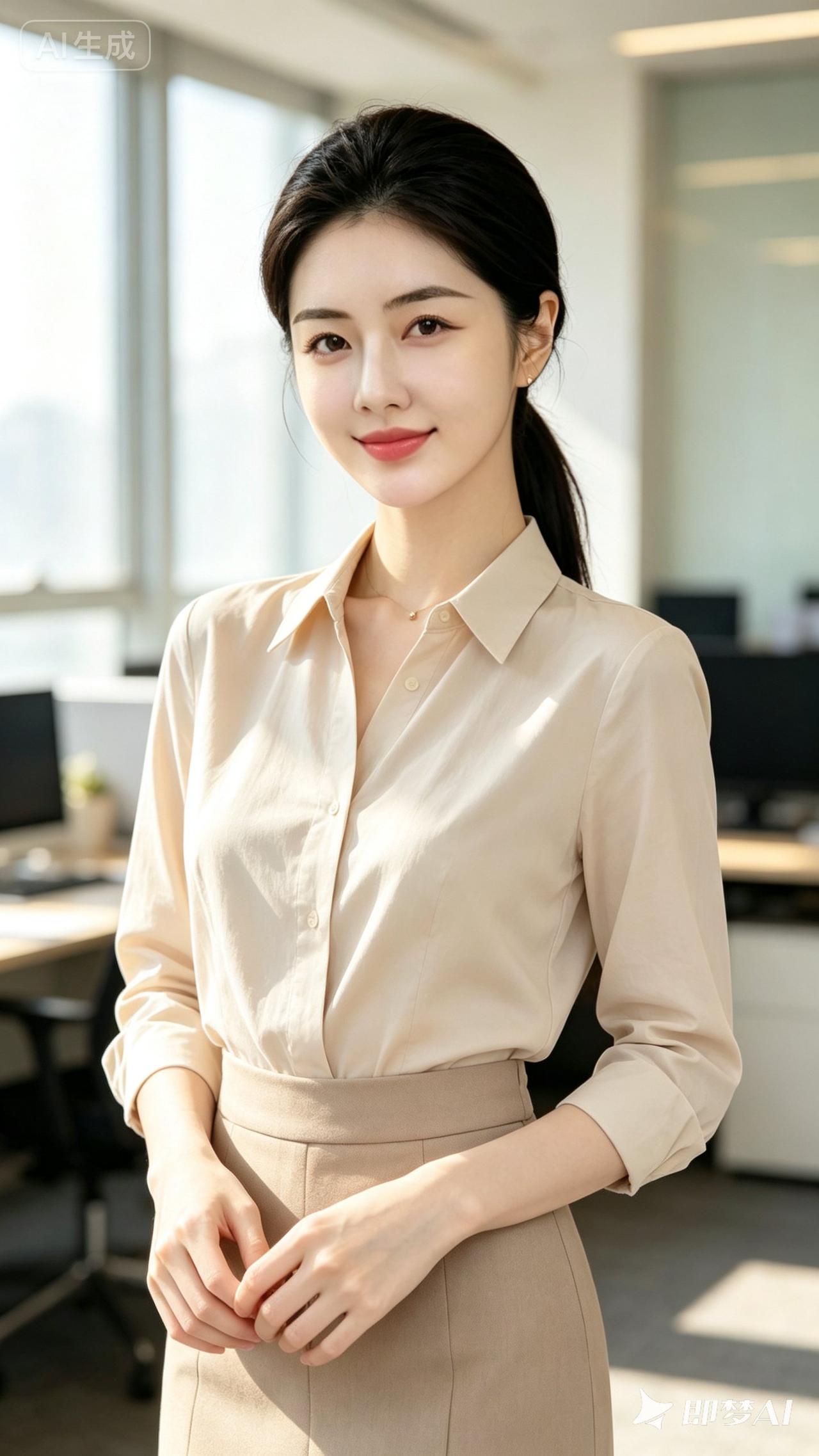 办公室里，一个穿浅色衬衫的漂亮姑娘。