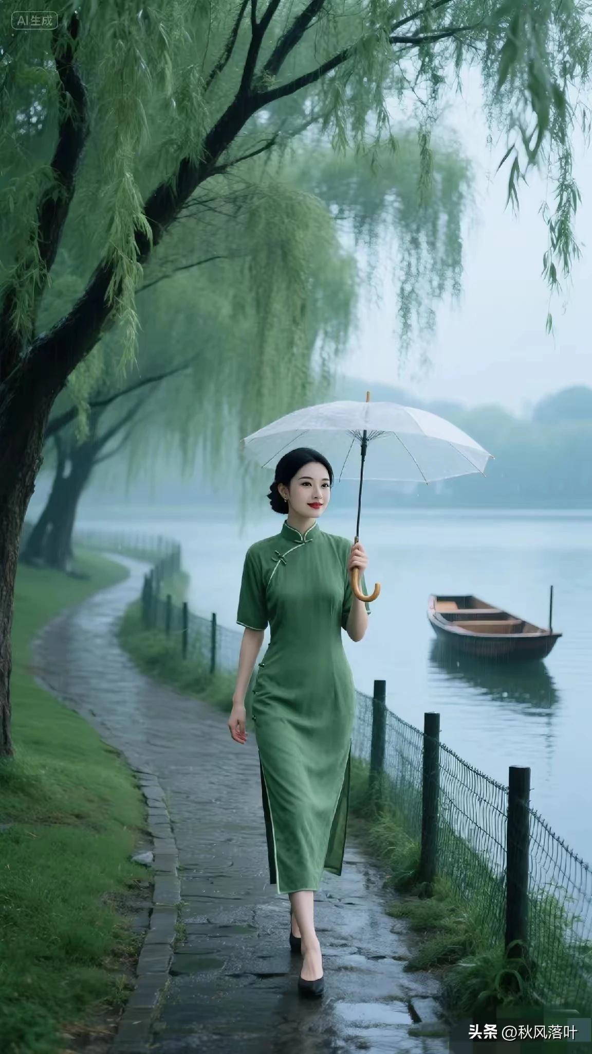 细雨轻烟润小楼，
莺啼燕语解春愁。
一川芳草连天碧，
青山绿水小叶舟。