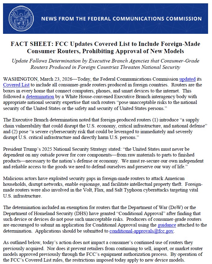 最新消息：FCC更新了外购路由器列表，禁止新的路由器模型。看来连路由器都不放过？