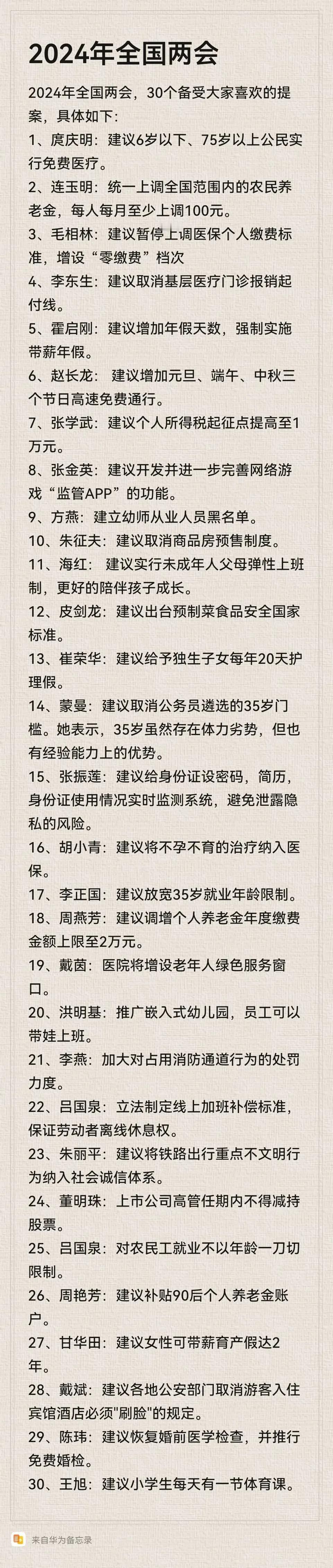 全国两会行将结束，代表们都提了很多好的建议，基本上我都支持，尤其是1，4，5，9