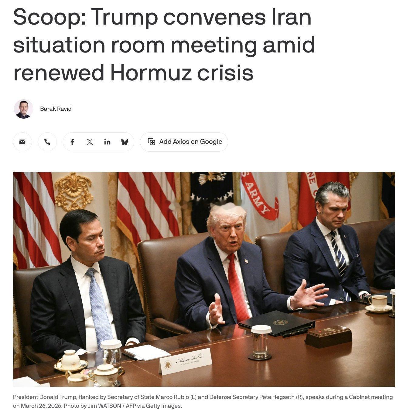 据Axios报道，特朗普周六在战情室召集副总统万斯、国务卿卢比奥、国防部长海格塞