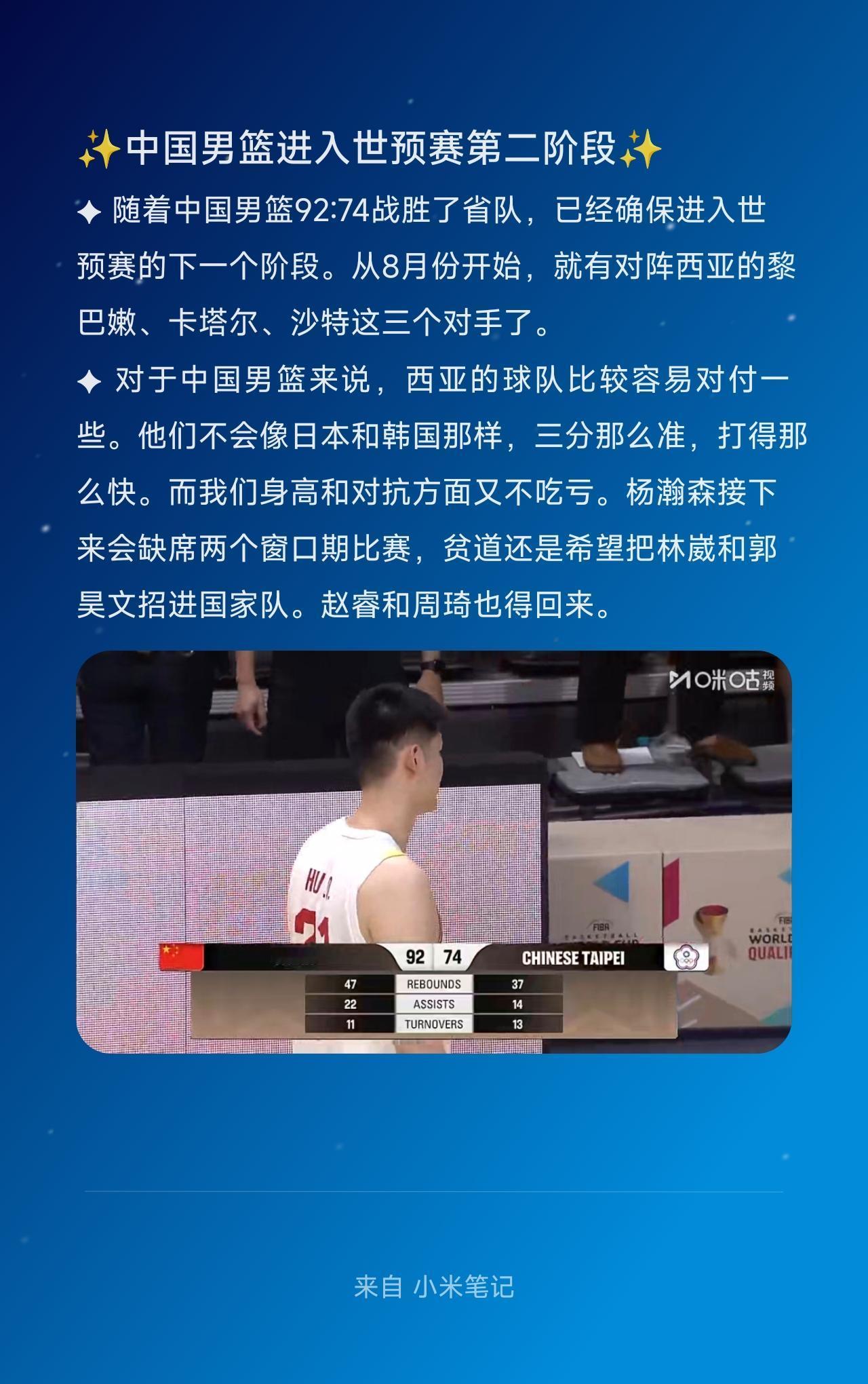 ✦ 随着中国男篮92:74战胜了省队，已经确保进入世预赛的下一个阶段。从8月份开