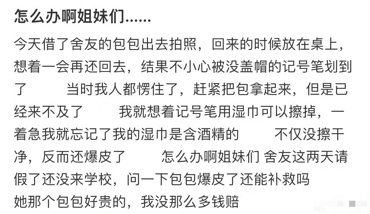 偷偷借舍友的包包，结果不小心画到了怎么办？[泪] ​​​