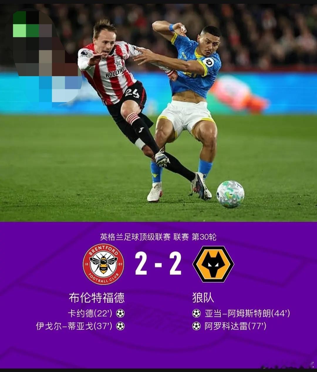 布伦特福德2-2狼队，蒂亚戈破门，阿罗科达雷建功北京时间3月17日英格兰足球顶级
