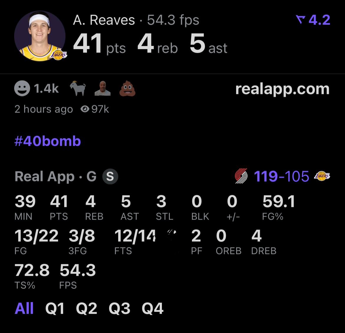 奥斯汀·里夫斯在勒布朗和卢卡都不上场时的四场比赛表现：-2月8日对阵印第安纳步行