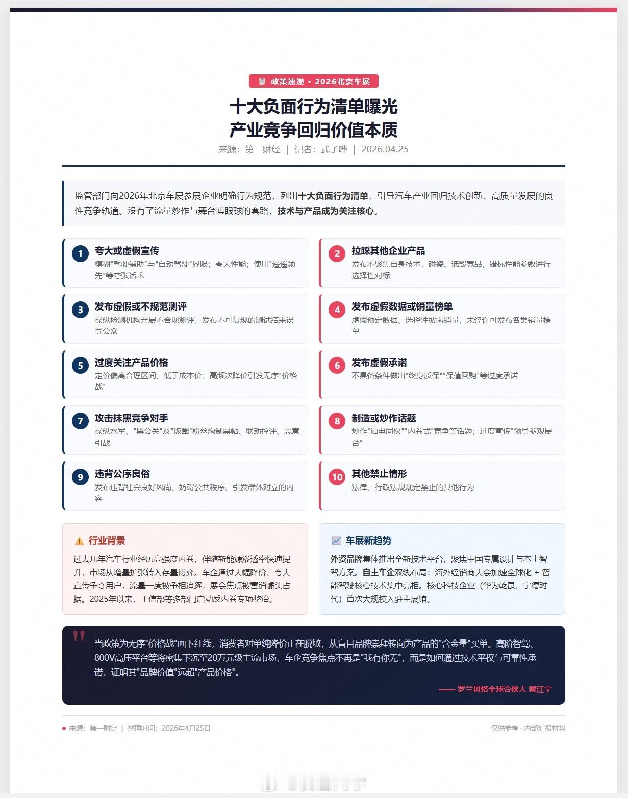 相关部门向 2026年北京车展参展企业明确了参展行为规范，列出十大负面行为清单，