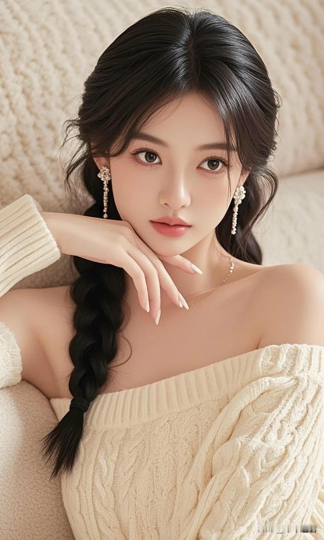 如何成为一个时尚的女孩? 米白麻花露肩毛衣衬着柔绒背景，珍珠耳饰点缀揉出软糯又纯