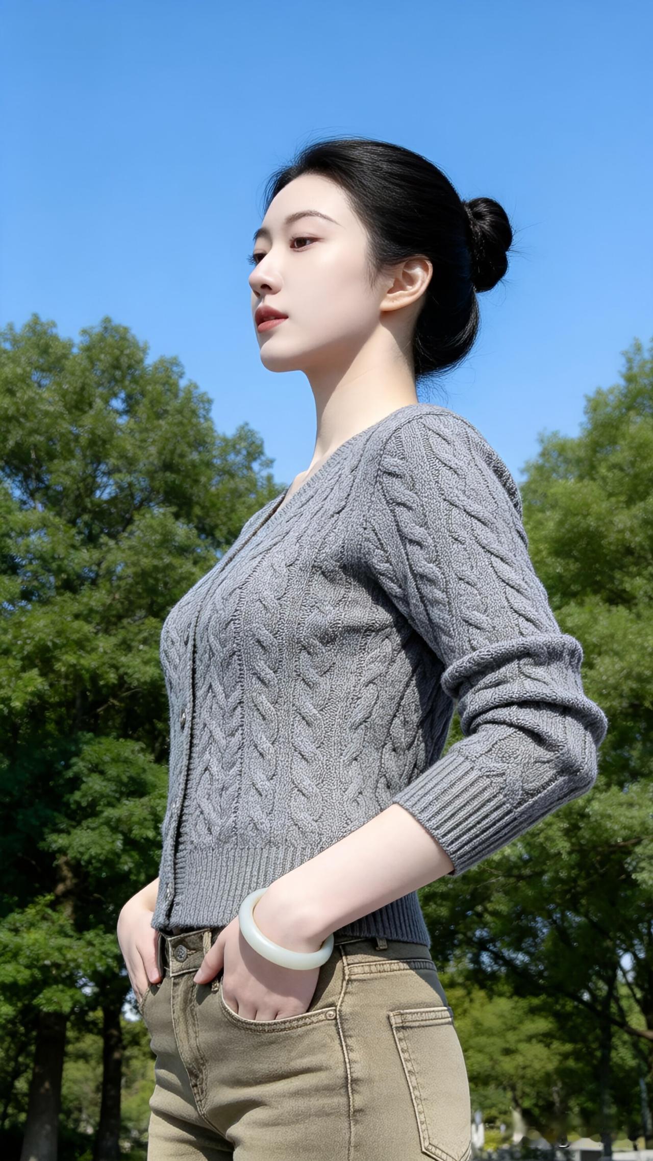 棕色毛衣的纹理清晰可见，牛仔裤的布料贴着腿，长发被风吹得有些乱。站在书法卷轴前，