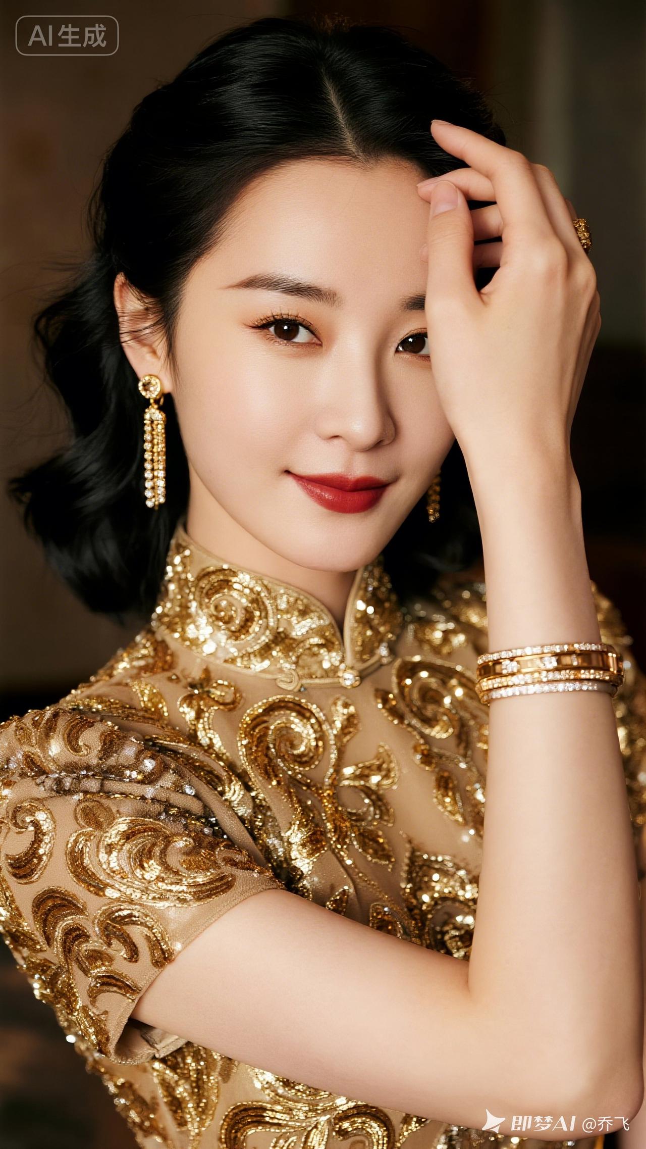 优雅复古风，金色的旗袍，尽显东方韵味