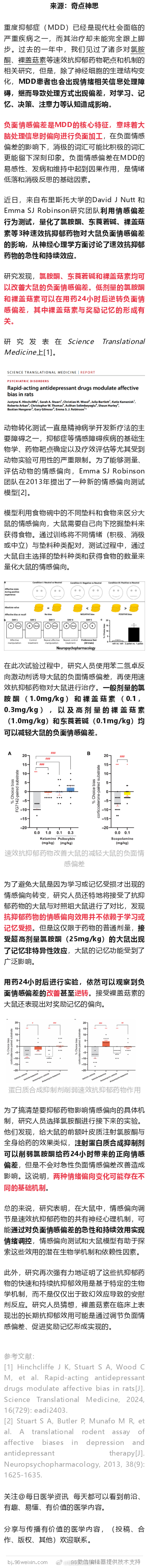 STM：“丧”气退散！科学家发现速效抗抑郁药物起效的神经心理学机制 ​​​
