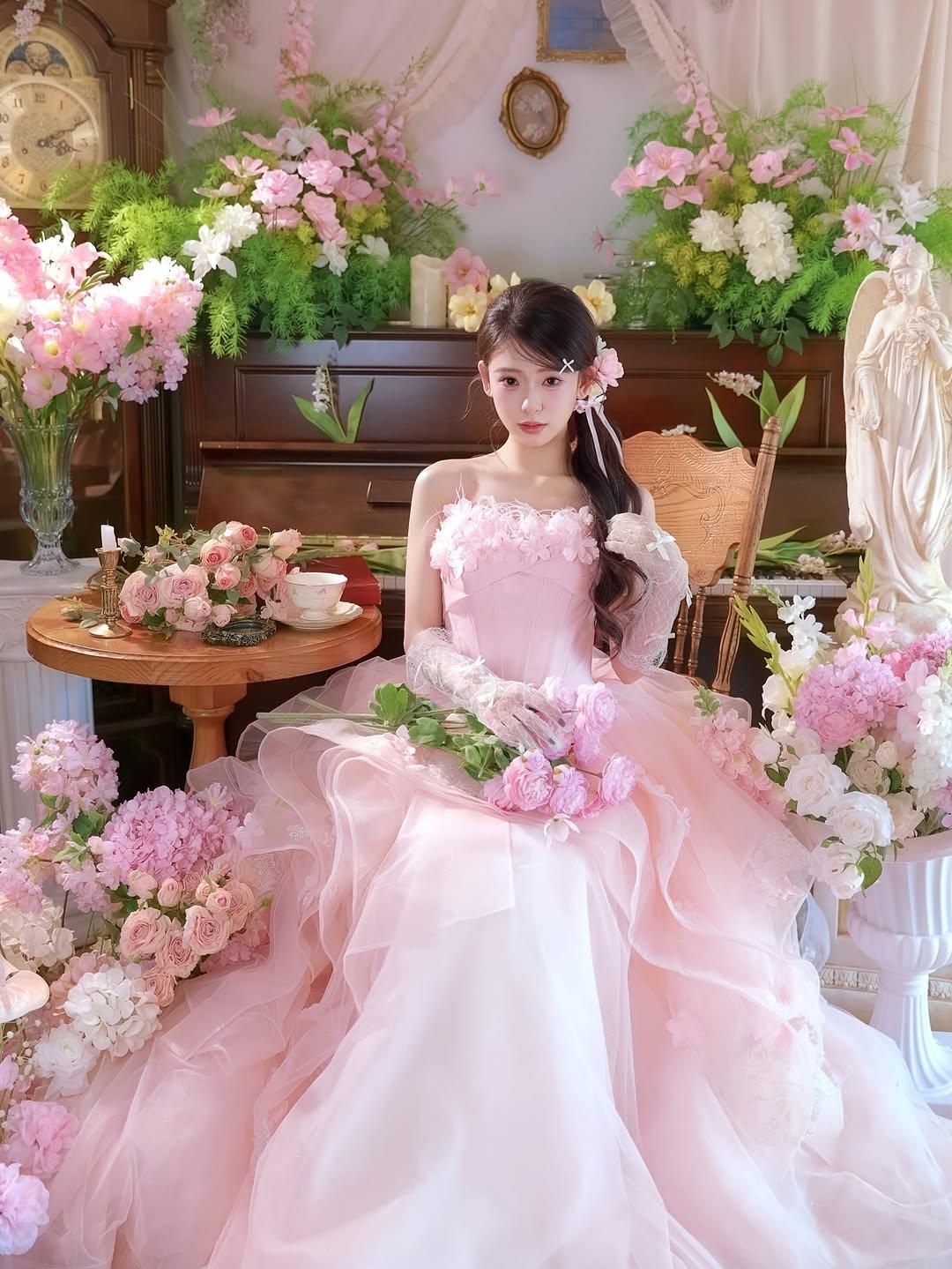 梦幻粉裙少女，花海中的优雅公主