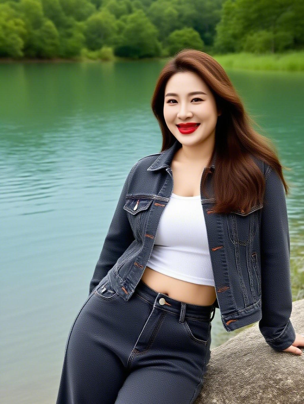 上联：牛仔裁风临镜水
下联：红唇衔笑沐山光