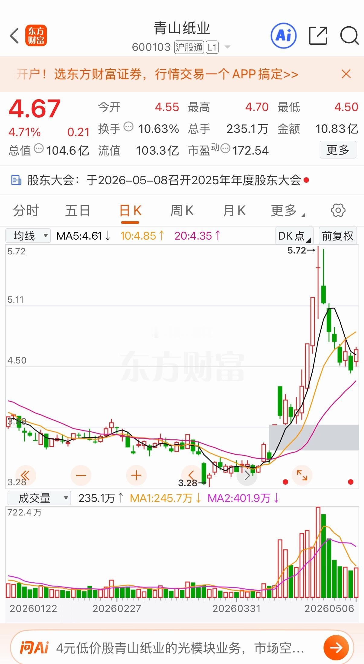 青山纸业｜跳空阳，四级金阶启动5月7日复盘：昨日跳空高开震荡上行，阳盖阴形态强势