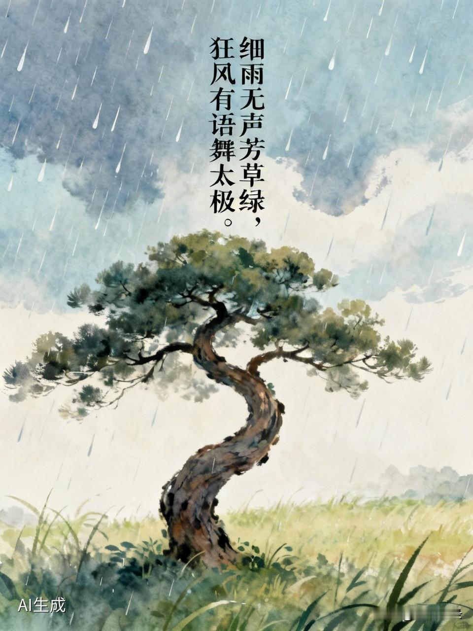 “细雨无声芳草绿，狂风有语舞太极”，这两句诗太有意境了。细雨默默滋润，让芳草焕发