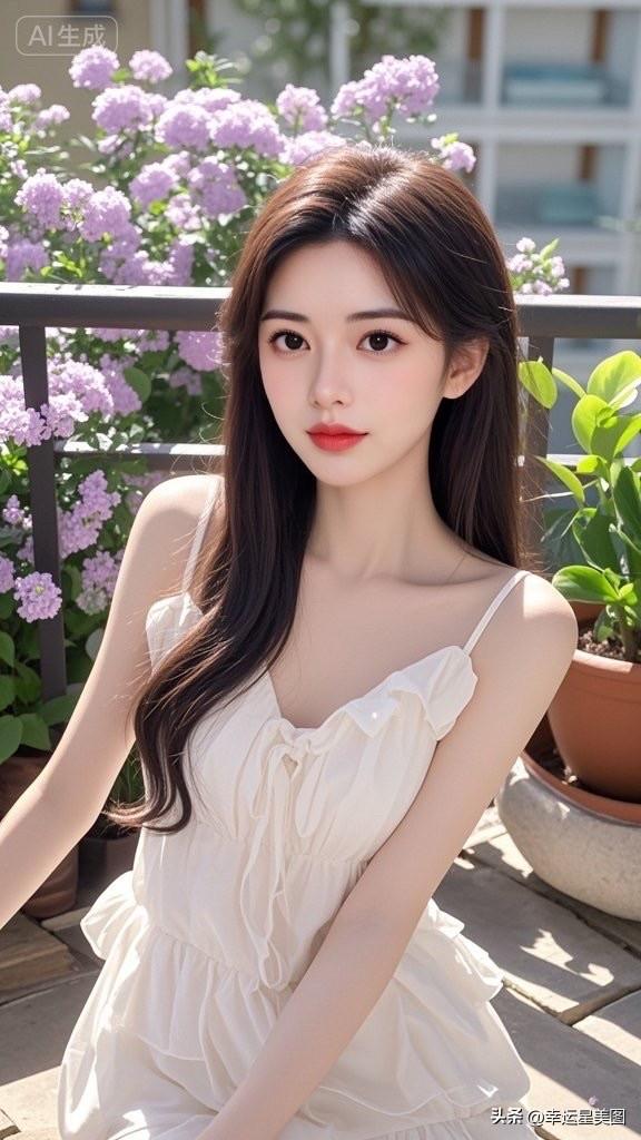 夏日清新少女，粉色花裙与绿植相伴，甜美可人！🌸🌿
