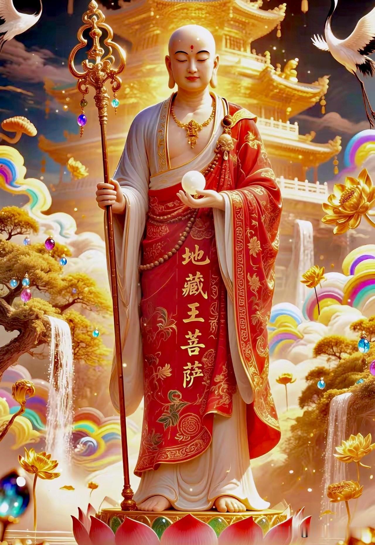锡杖振时消业障，
宝珠明处护平安。