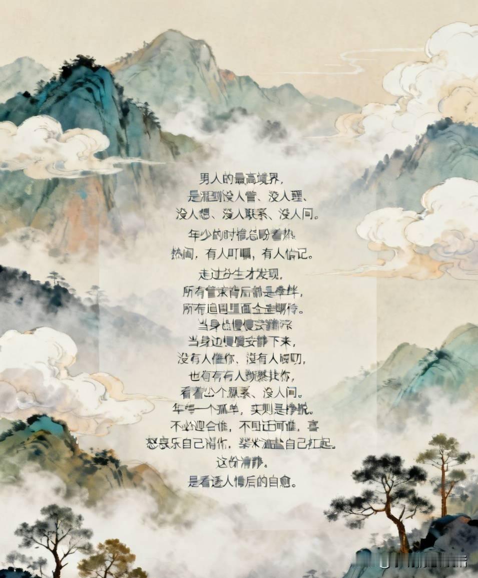 男人最高的境界，就是没人管、没人理、没人想、没人联系、没人问。
年轻时总盼着热闹