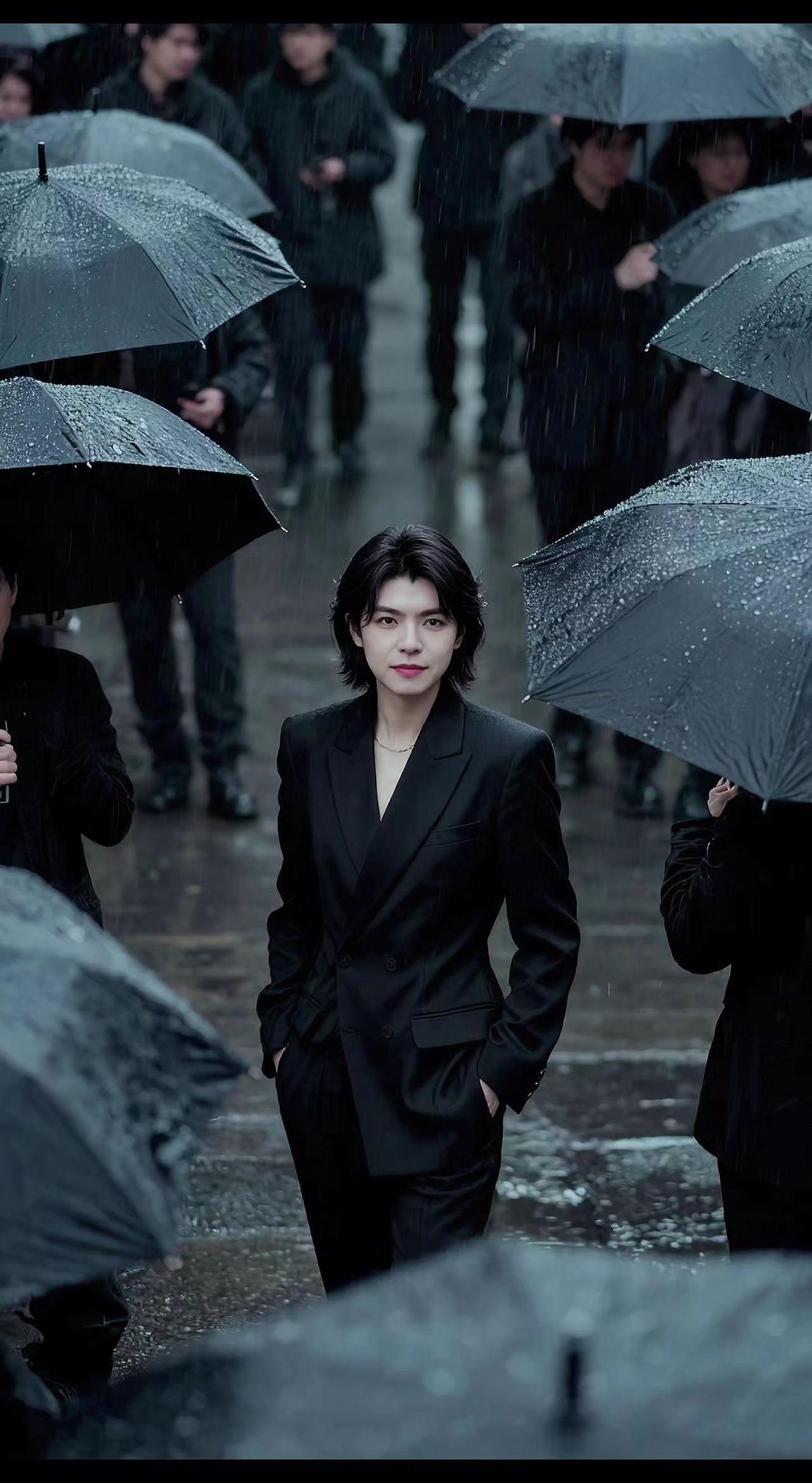 🌧️雨幕是天然的舞台，黑伞群像沉默如碑。他自雾中走来，西装是出鞘的剑⚔️，孤独
