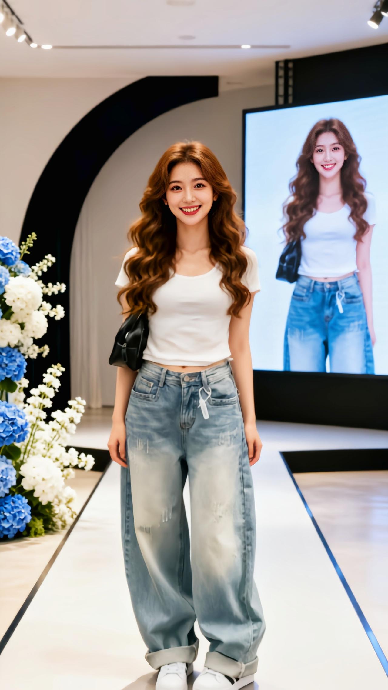 秀场 美到发光 超a夏日穿搭 直筒显瘦秀场同款长裤 牛仔裤走秀