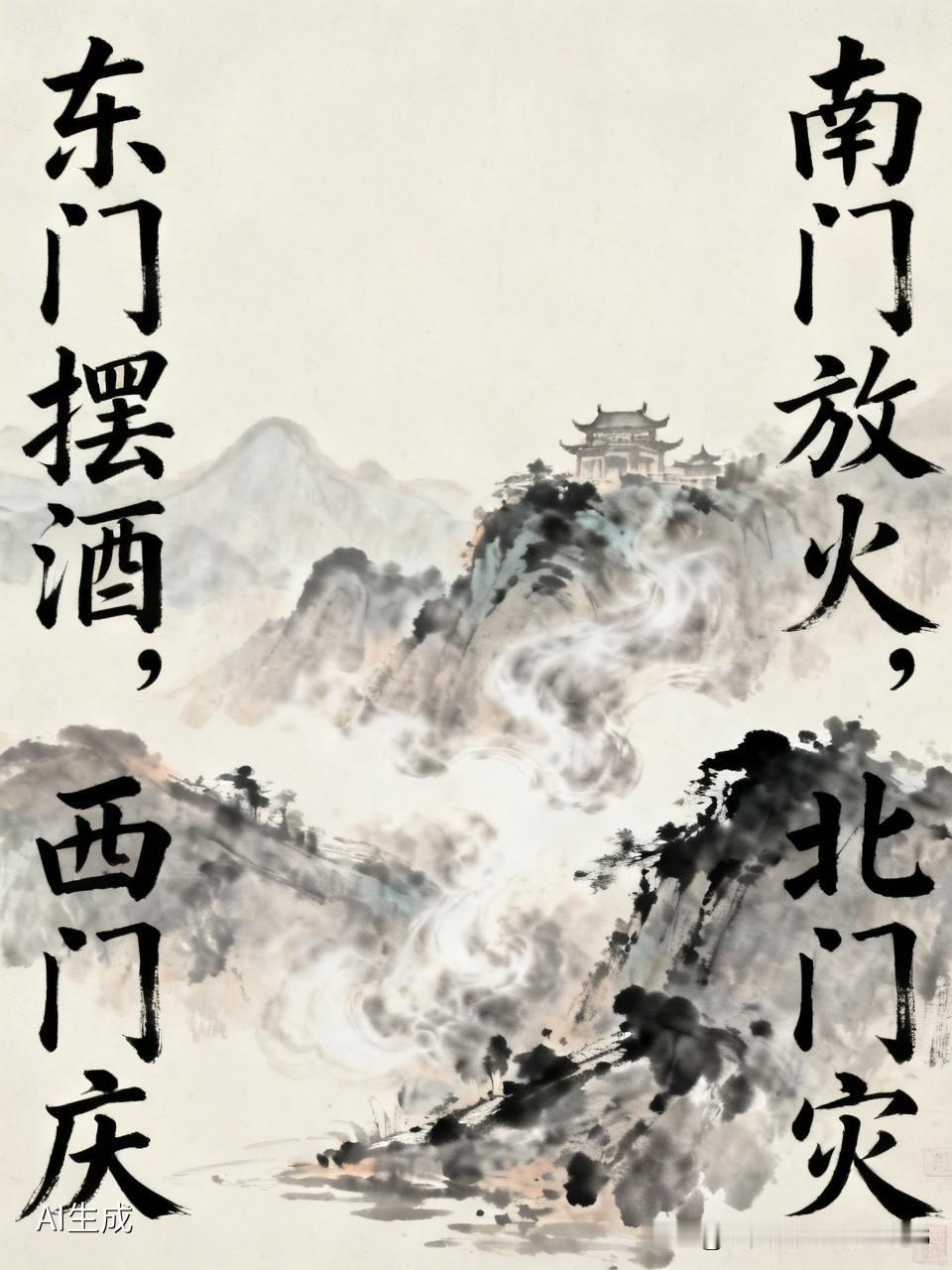 上联:东门摆酒，西门庆
下联:南门放火，北门灾