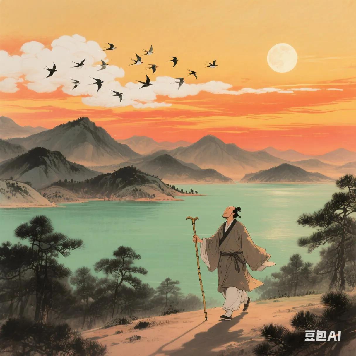 斜晖染透万重山，
归鸟衔云过碧湾。
竹杖敲开松影碎，
最后一句友友们接——
 