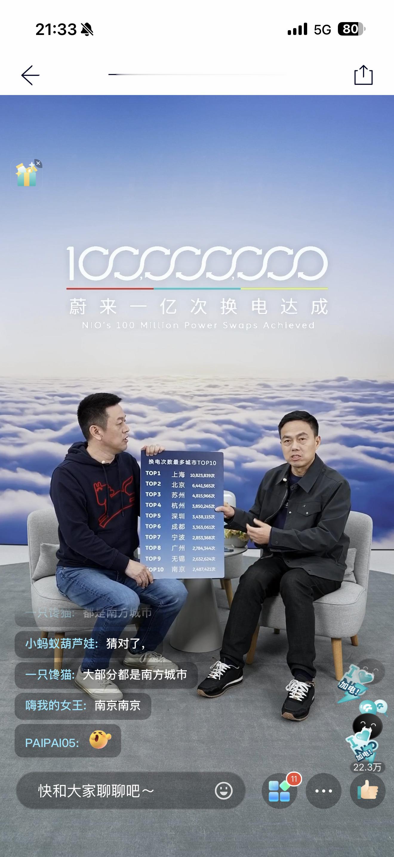 蔚来1亿次换电直播，截止到1月31日，全国换电最多的十个城市如图，前4名我都猜对