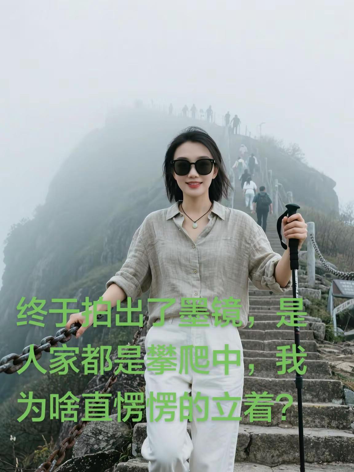 徒步爬山，云雾缭绕