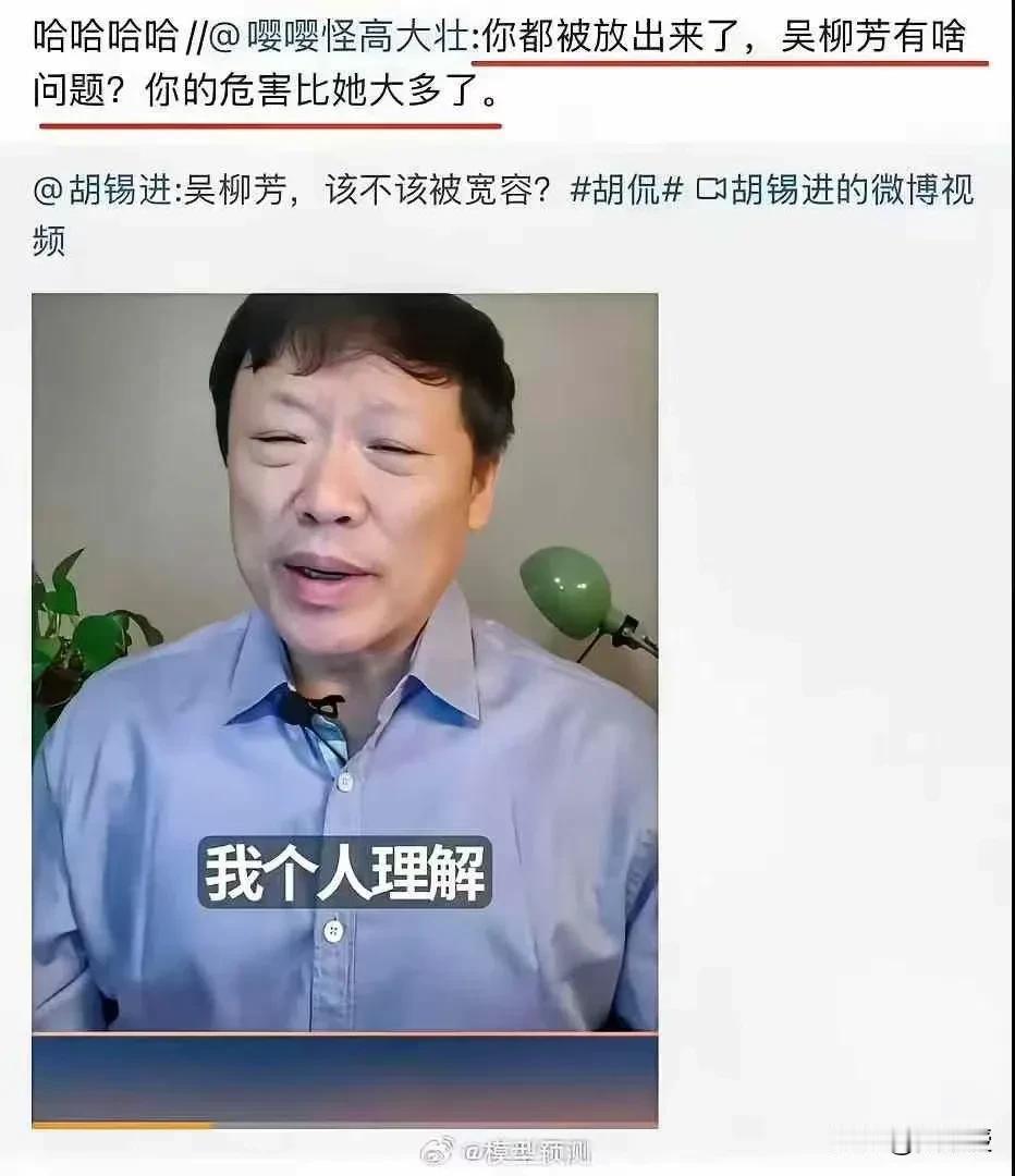 这个评论太坏了[酷拽][酷拽]
老胡是个好同志
吴柳芳也应该给予一些空间，不要管