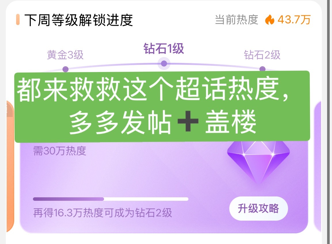 危险危险危险‼️，超话热度现在只有43.7万，今天最起码到47万，钻二才能稳！1