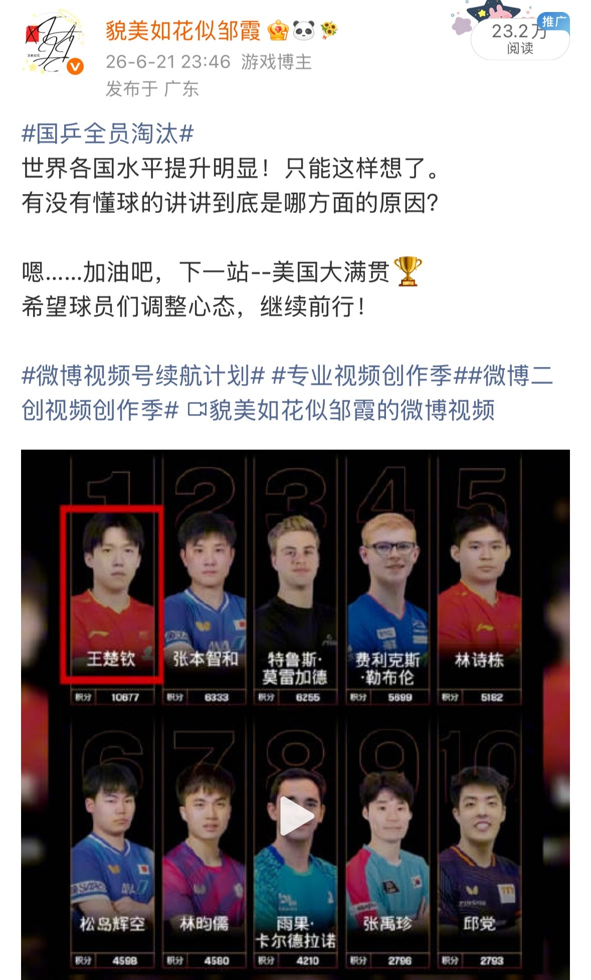 国乒男单资格赛全军覆没上一次国乒全员淘汰，历历在目。当然我说服自己。今天又全军覆