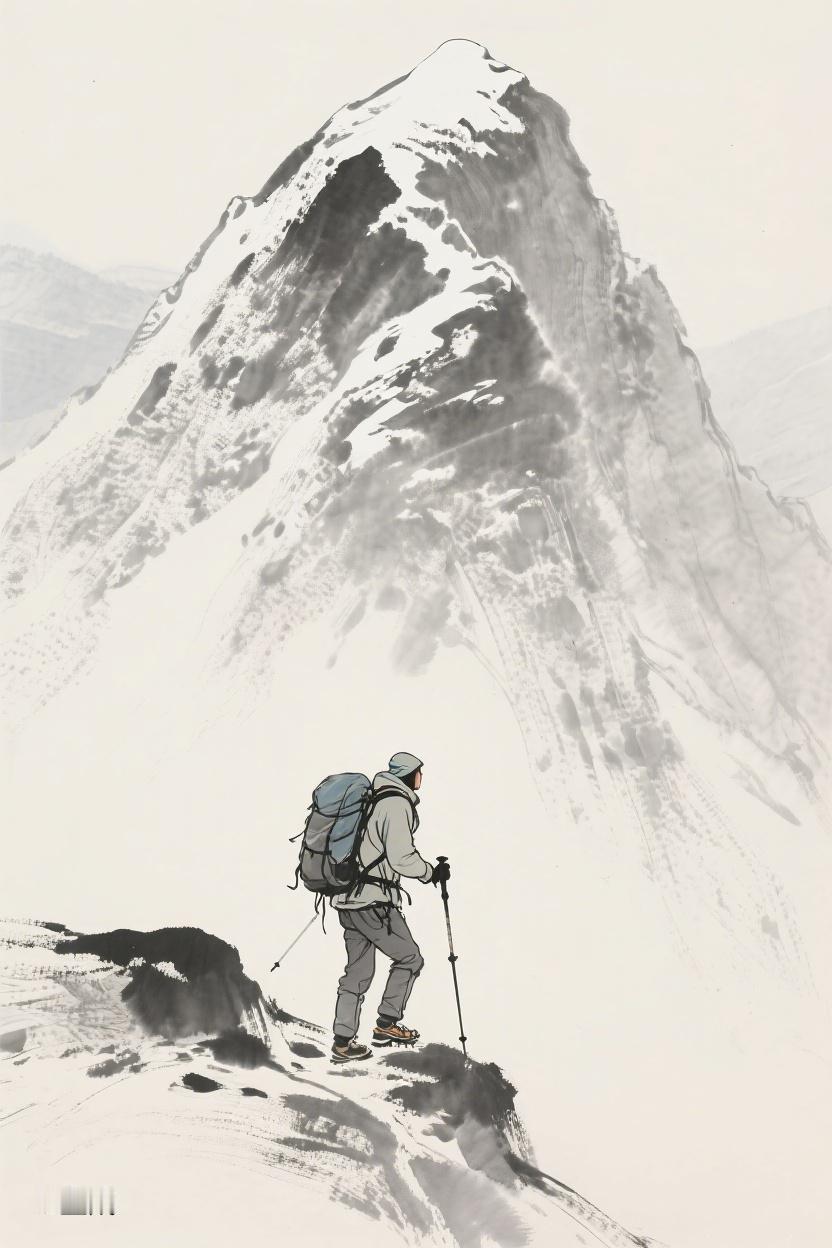 AI随心绘站在山巅，看那巍峨雪山，每一步都向未知，人生亦如此，在攀登中探寻新景。