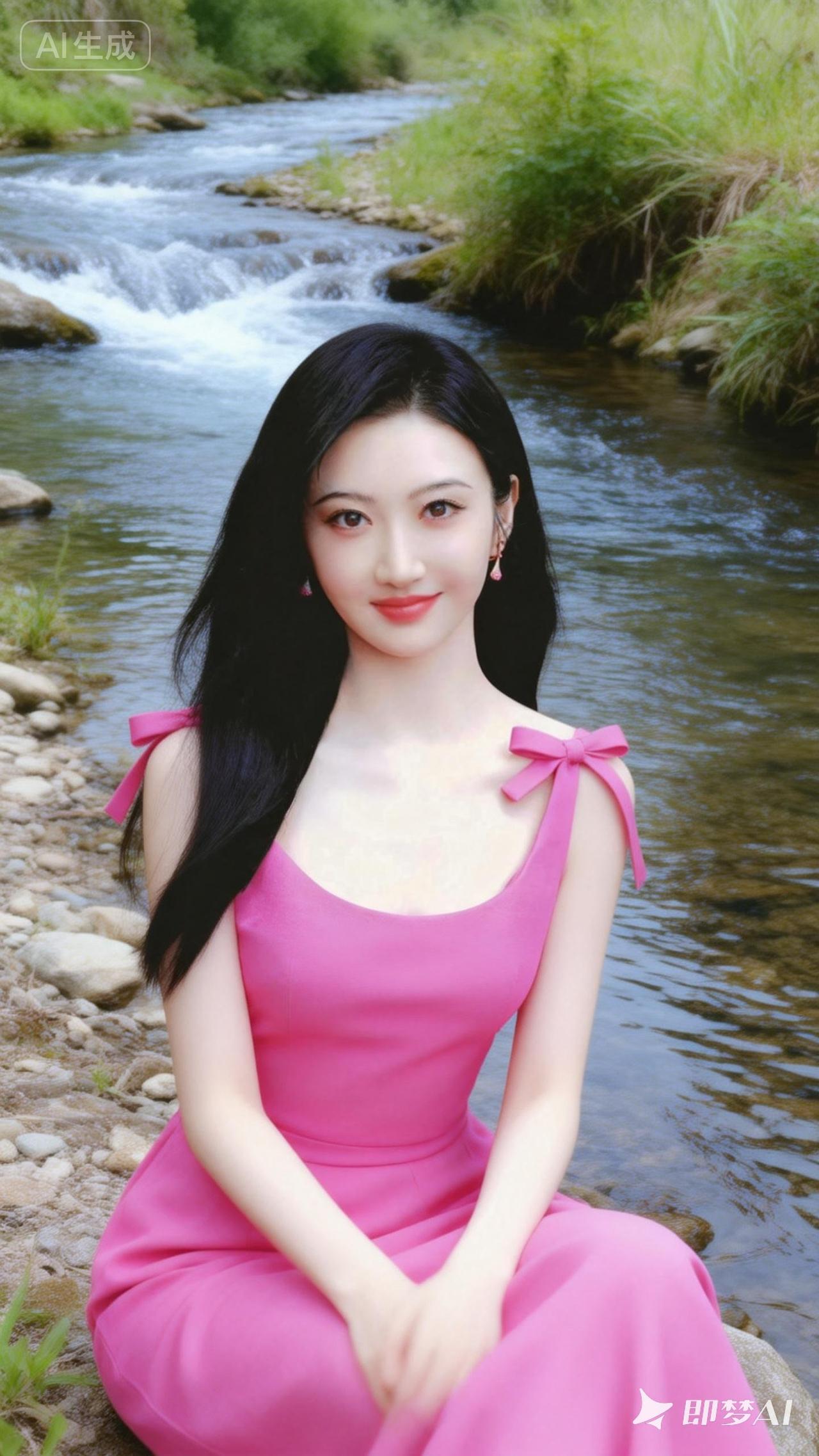 在溪流边，穿粉色裙子的少女，甜美如画。