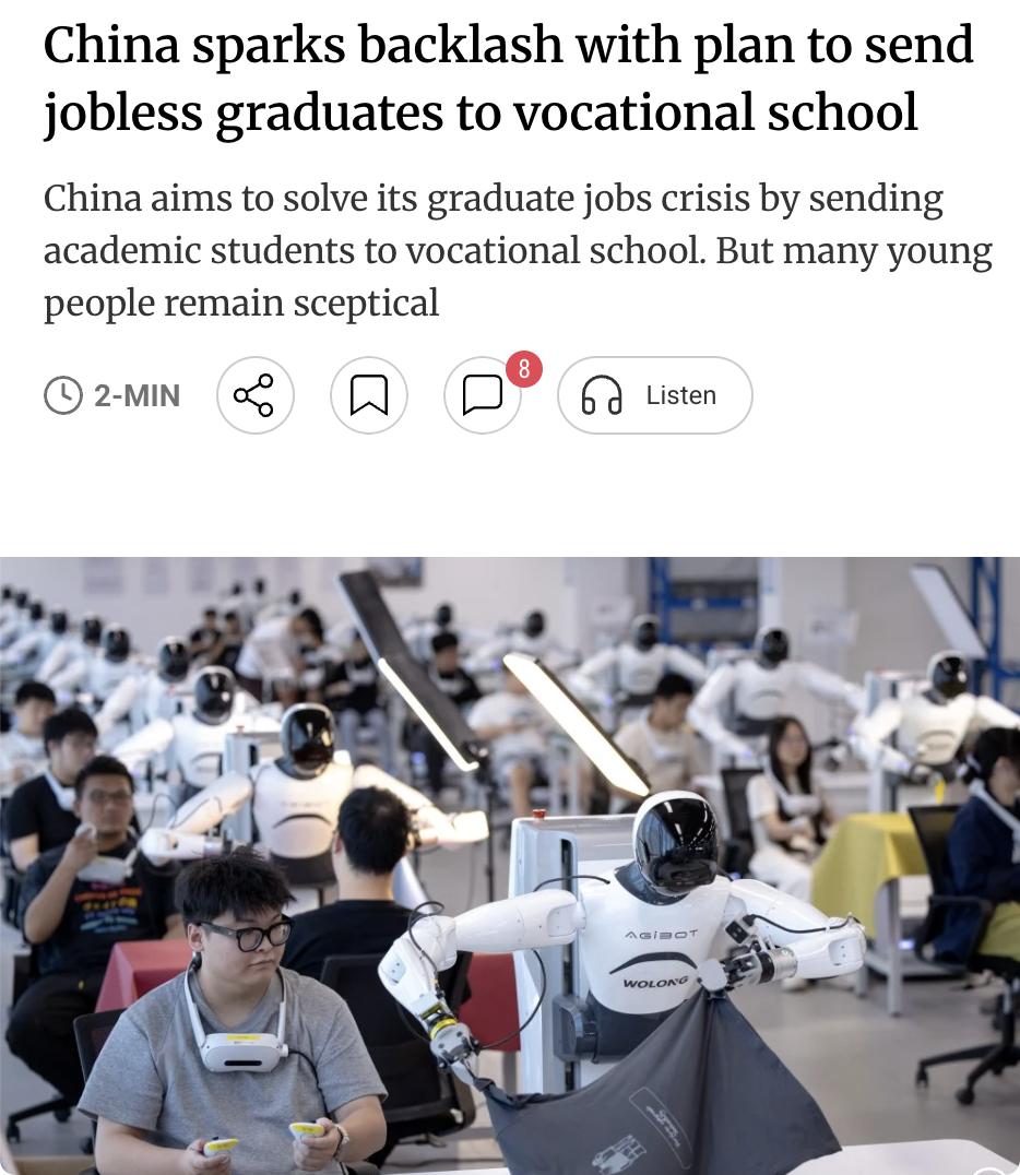 外媒：中国计划今年为100万青年提供技能培训，重点覆盖人工智能、先进制造、低空经