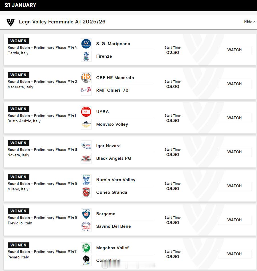 【意甲女排本轮赛程对阵】中国排球留洋动态 北京时间1月21日凌晨，意甲女排第21