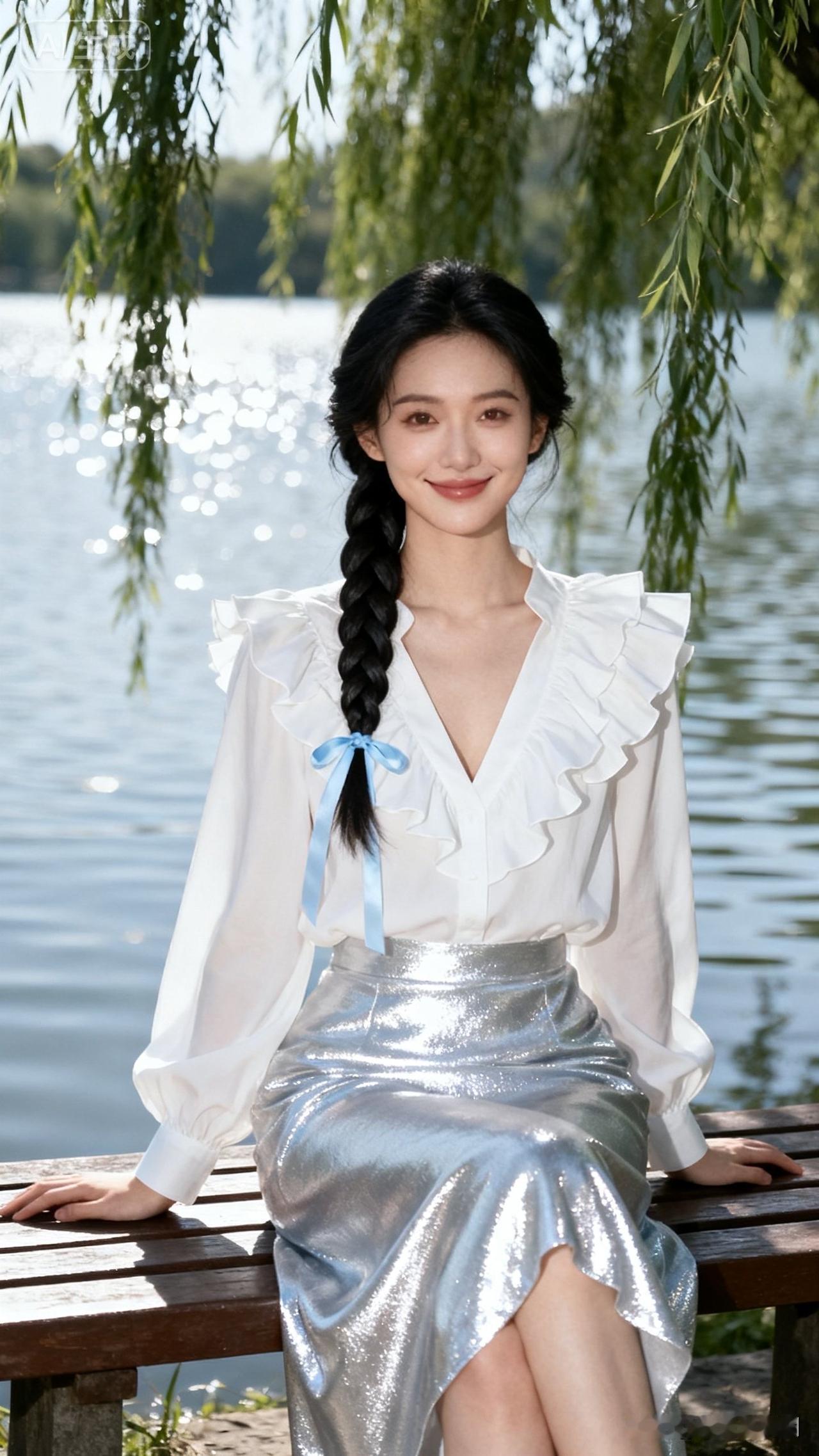 姑娘坐在湖边，微笑着拍照。