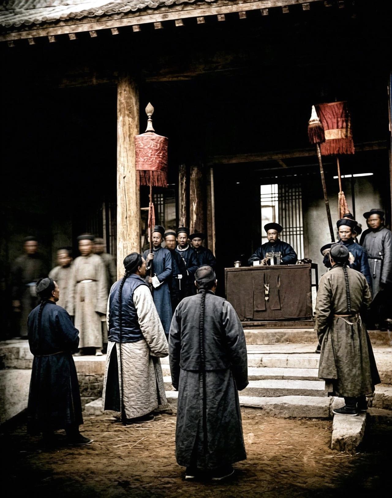1900至1901年间，法国旅行者乔治·拉比用相机记录下通州州县衙门公堂审案的一