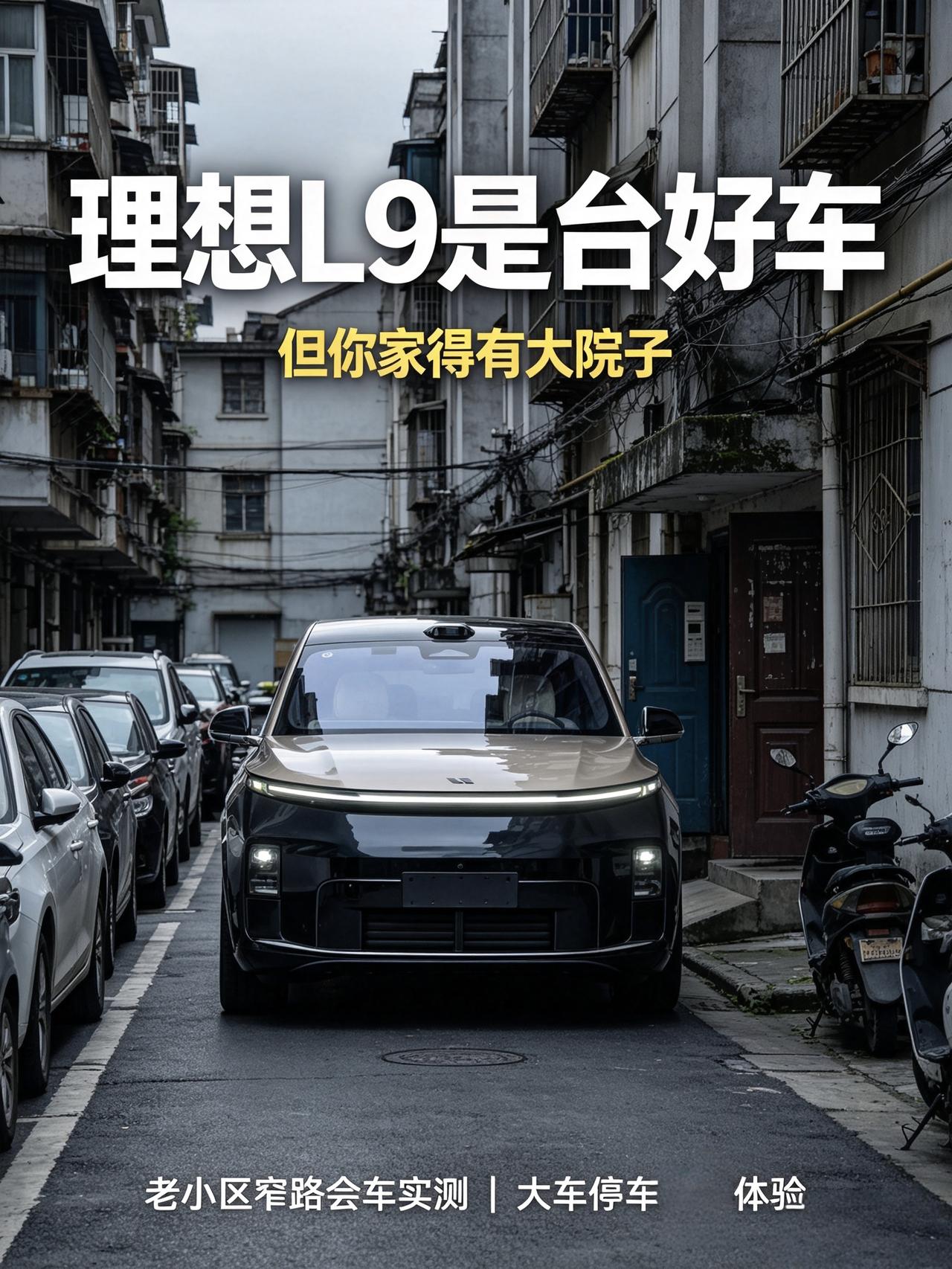 理想L9是台好车，但前提是你家得有大院子或者足够宽的路。
我家老小区路本来就窄，