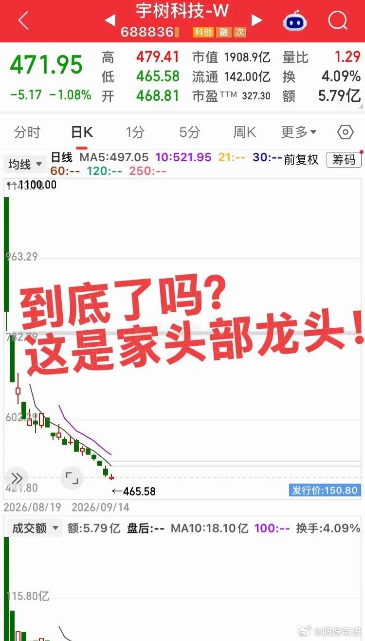 机器人龙头宇树还在不断创新低！上市高点1100元，如今跌到472元。就算是能盈利