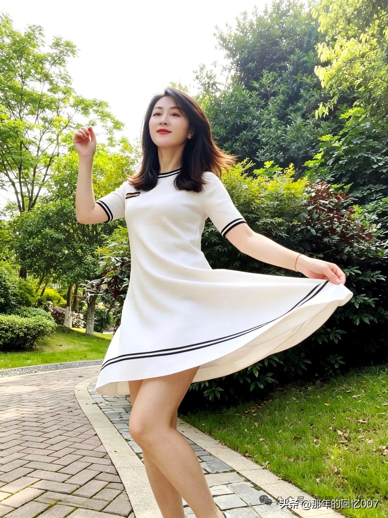 夏日穿上白色连衣裙，那感觉就像一阵清凉的风。白色本就自带清新感，在绿意盎然的环境